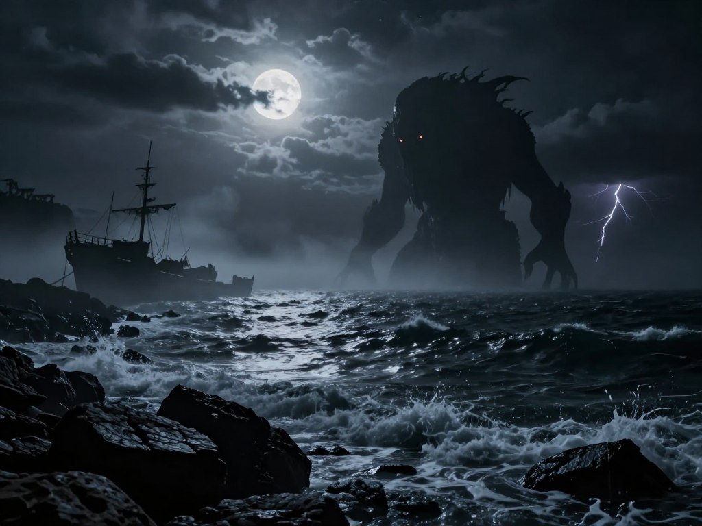A shadowy sea setting builds cosmic horror atmosphere in Dagon