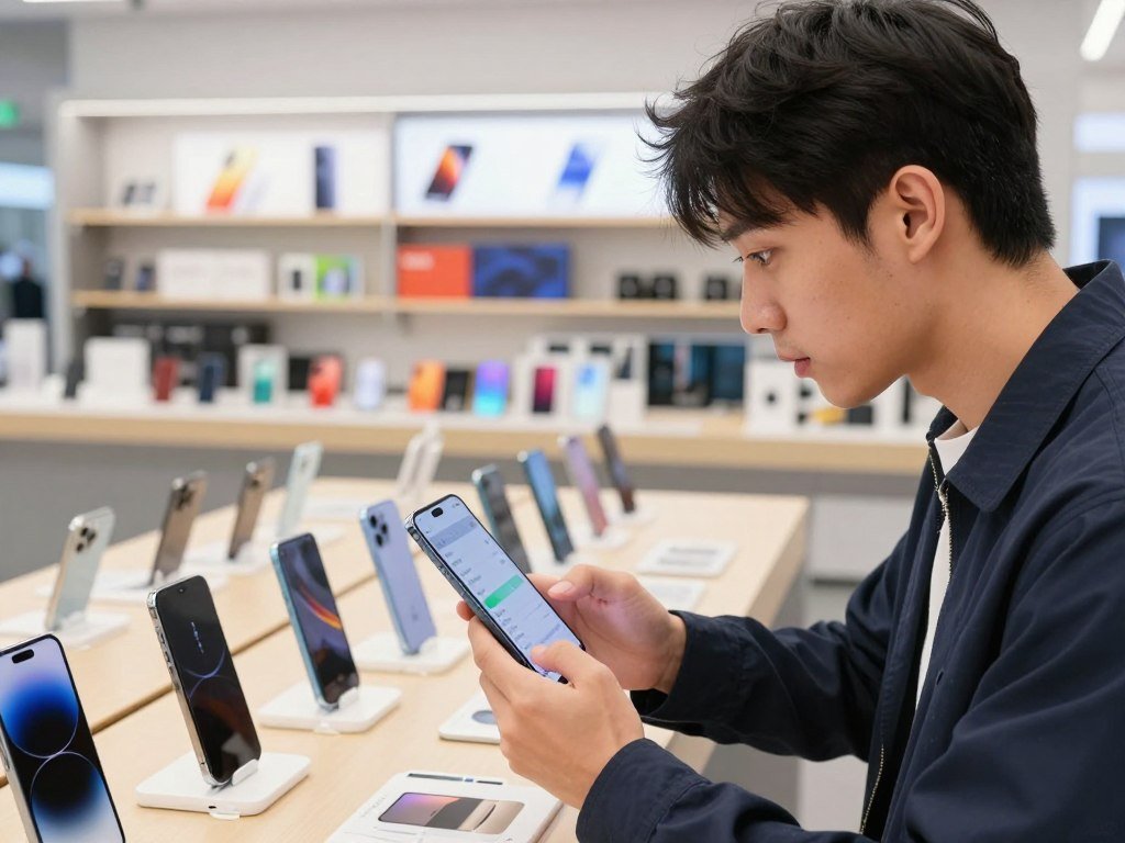 A shopper checks a phone display and battery needs A shopper checks a phone display and battery needs