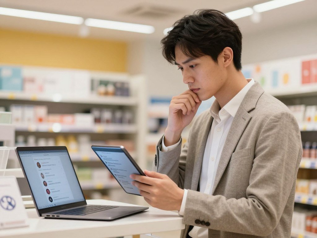A shopper compares company contact information and social accounts