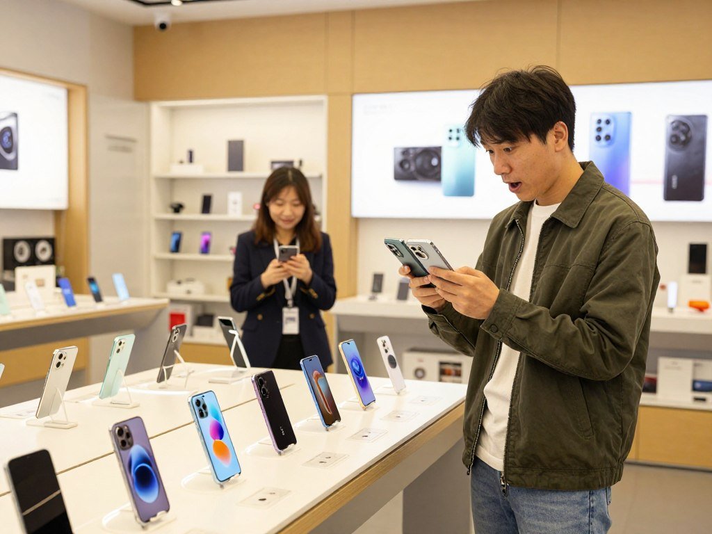 A shopper comparing camera phones at a US electronics store