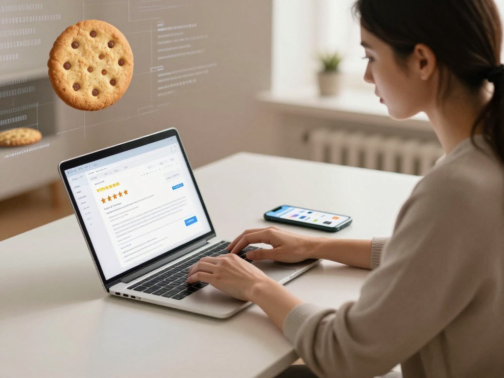 A shopper posting a review while a browser stores cookies A shopper posting a review while a browser stores cookies