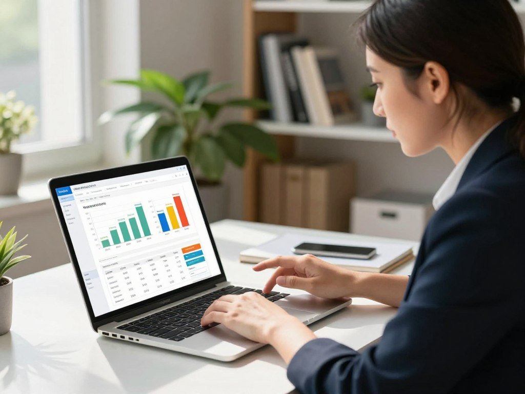 A shopper reviews a website checker report on a laptop