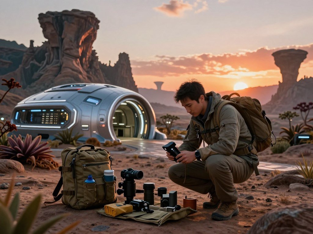 A solo explorer checking gear beside a base on a strange planet A solo explorer checking gear beside a base on a strange planet