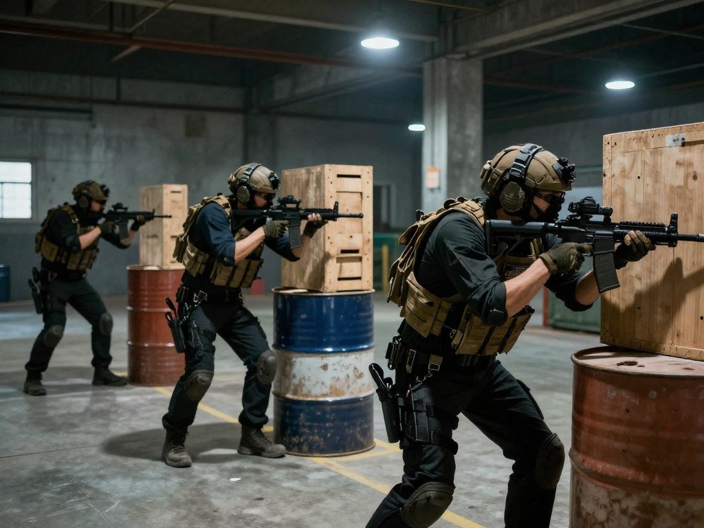 A tactical shooter match offers careful team combat