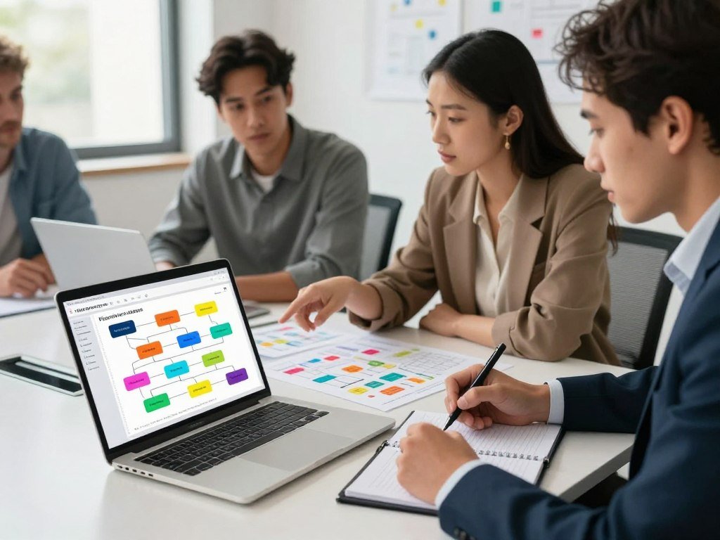 A team refining a Figma workflow diagram beside slide notes A team refining a Figma workflow diagram beside slide notes