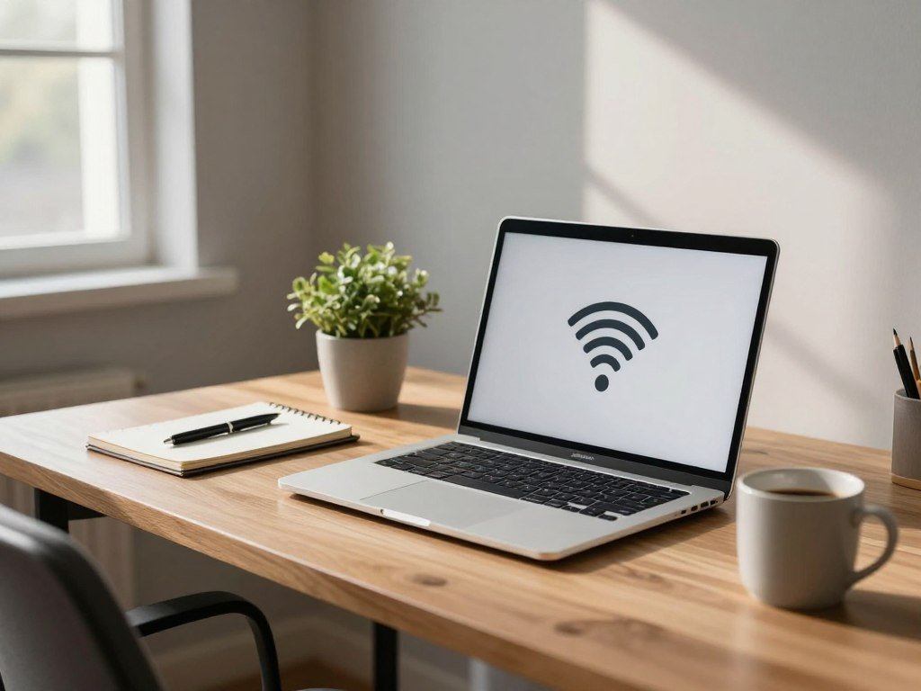 A tidy workspace with a neutral Wi-Fi name on screen A tidy workspace with a neutral Wi-Fi name on screen