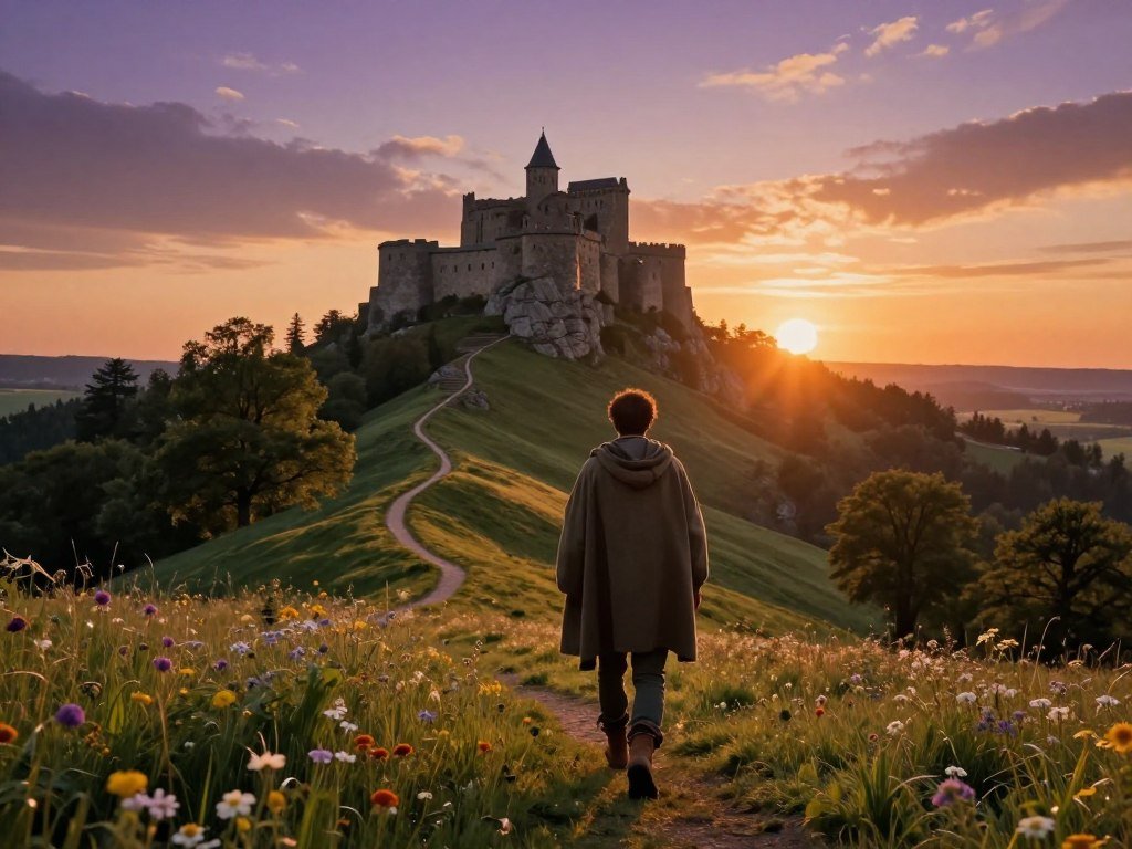A traveler approaching a distant landmark in an open world A traveler approaching a distant landmark in an open world