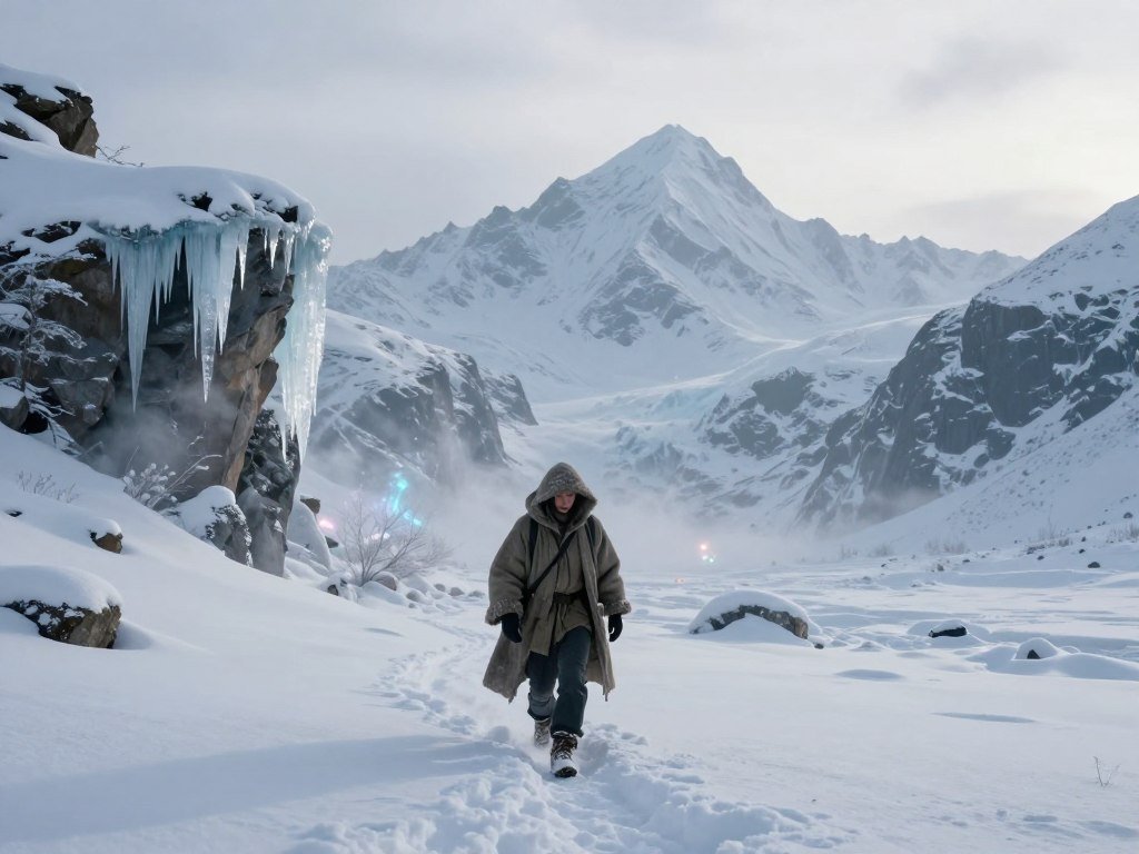 A traveler crosses a snowy region in a fantasy world A traveler crosses a snowy region in a fantasy world
