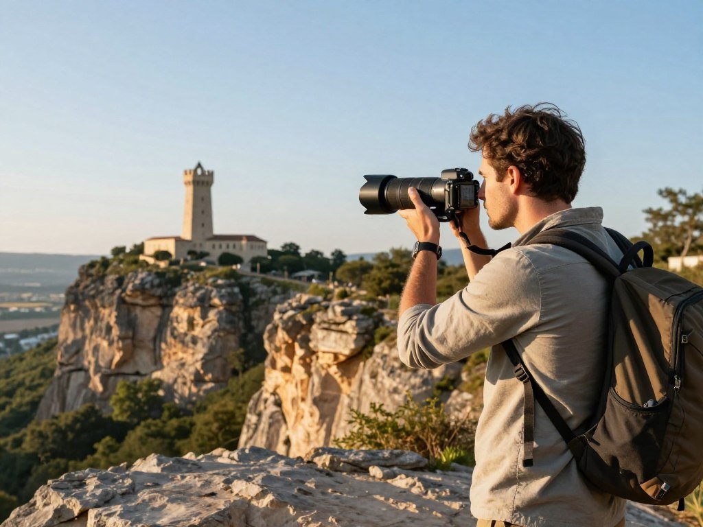A traveler uses a telephoto lens to frame a distant landmark