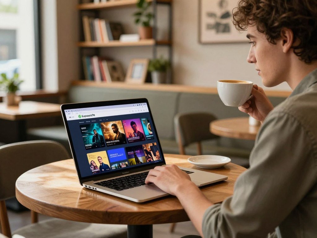 A traveler using ExpressVPN to watch a streaming service A traveler using ExpressVPN to watch a streaming service