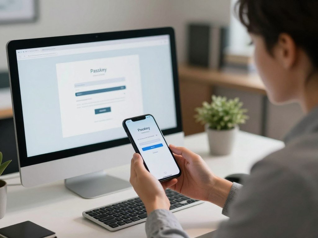 A user approving a passkey login on a phone beside a computer