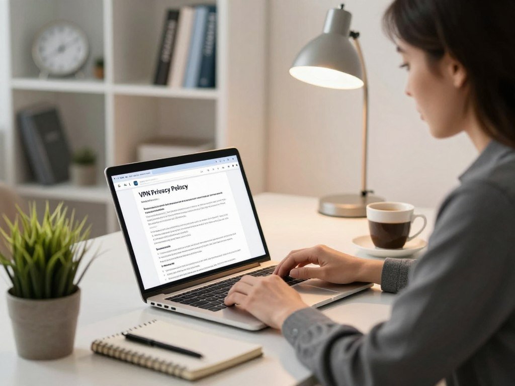 A user reviewing VPN privacy policy details on a laptop