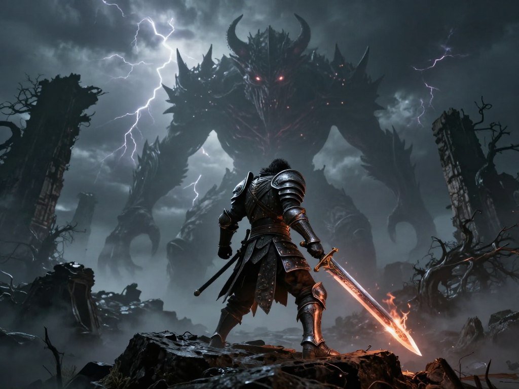 A warrior faces a hostile enemy in Demon’s Souls A warrior faces a hostile enemy in Demon’s Souls