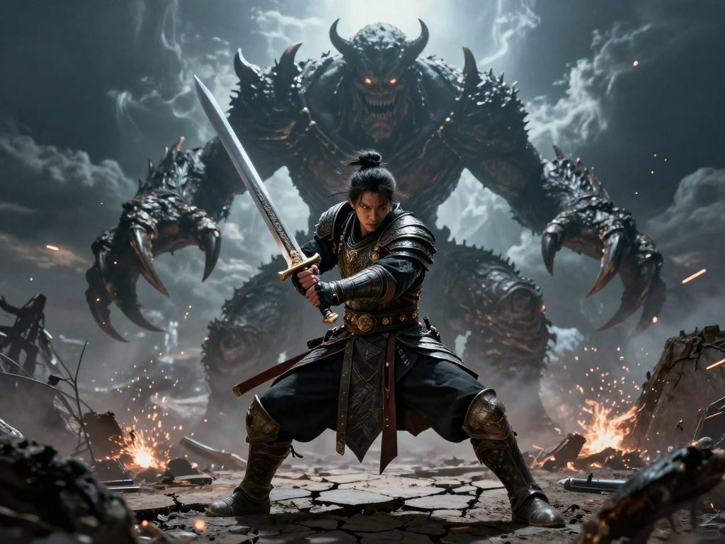 A warrior facing a monster in a tense PS4 combat scene A warrior facing a monster in a tense PS4 combat scene