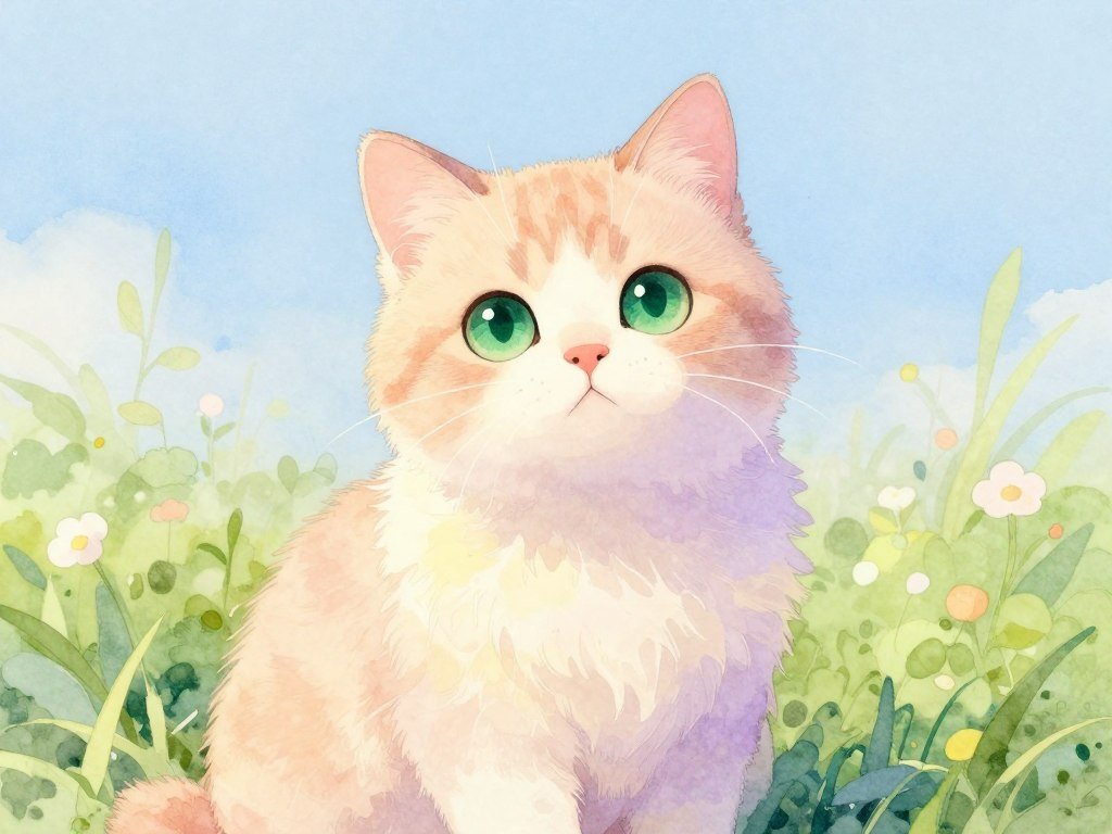 A watercolor cat with soft edges and blended colors