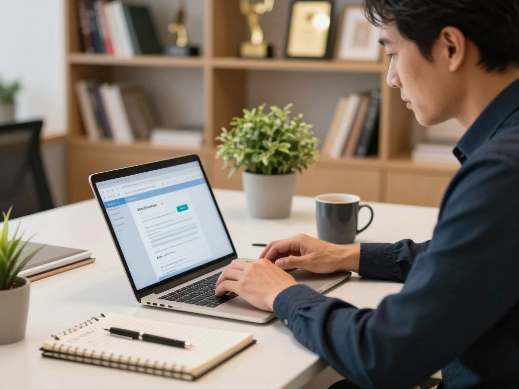A worker drafts a clear email with a specific subject line A worker drafts a clear email with a specific subject line
