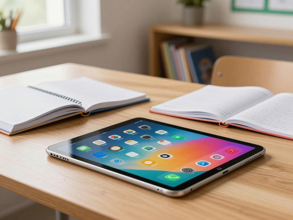 A16 iPad running school apps beside notebooks A16 iPad running school apps beside notebooks