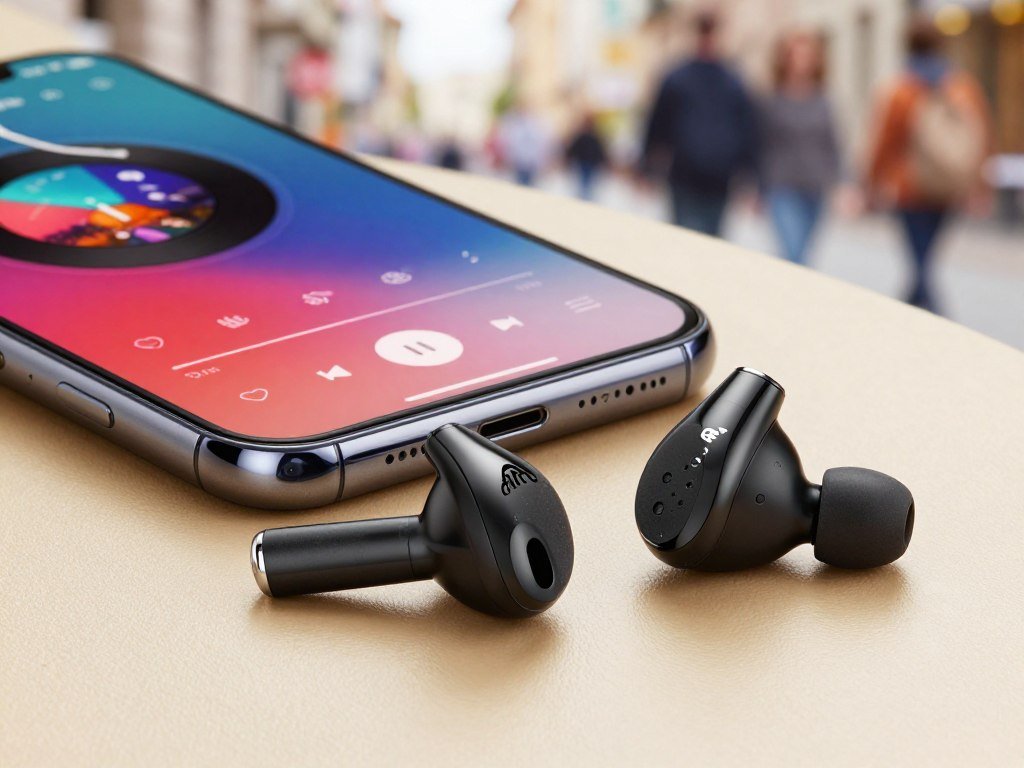ANC earbuds beside a phone for a quieter commute ANC earbuds beside a phone for a quieter commute