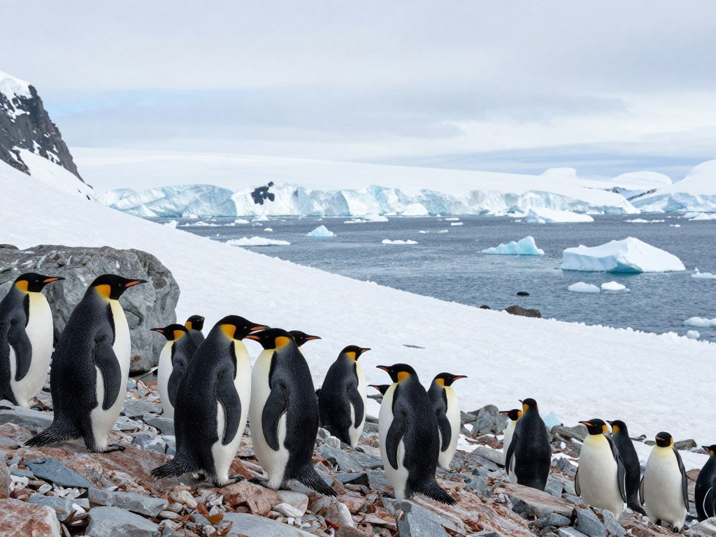 Adélie penguins near exposed rock on an Antarctic shore