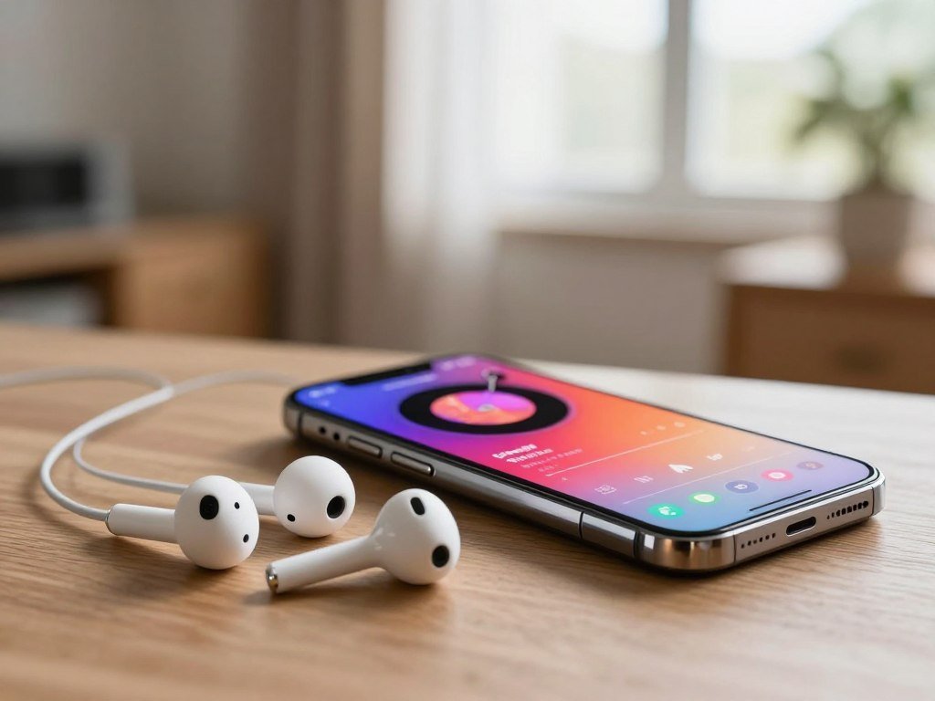 AirPods and wired headphones beside a phone playing music AirPods and wired headphones beside a phone playing music