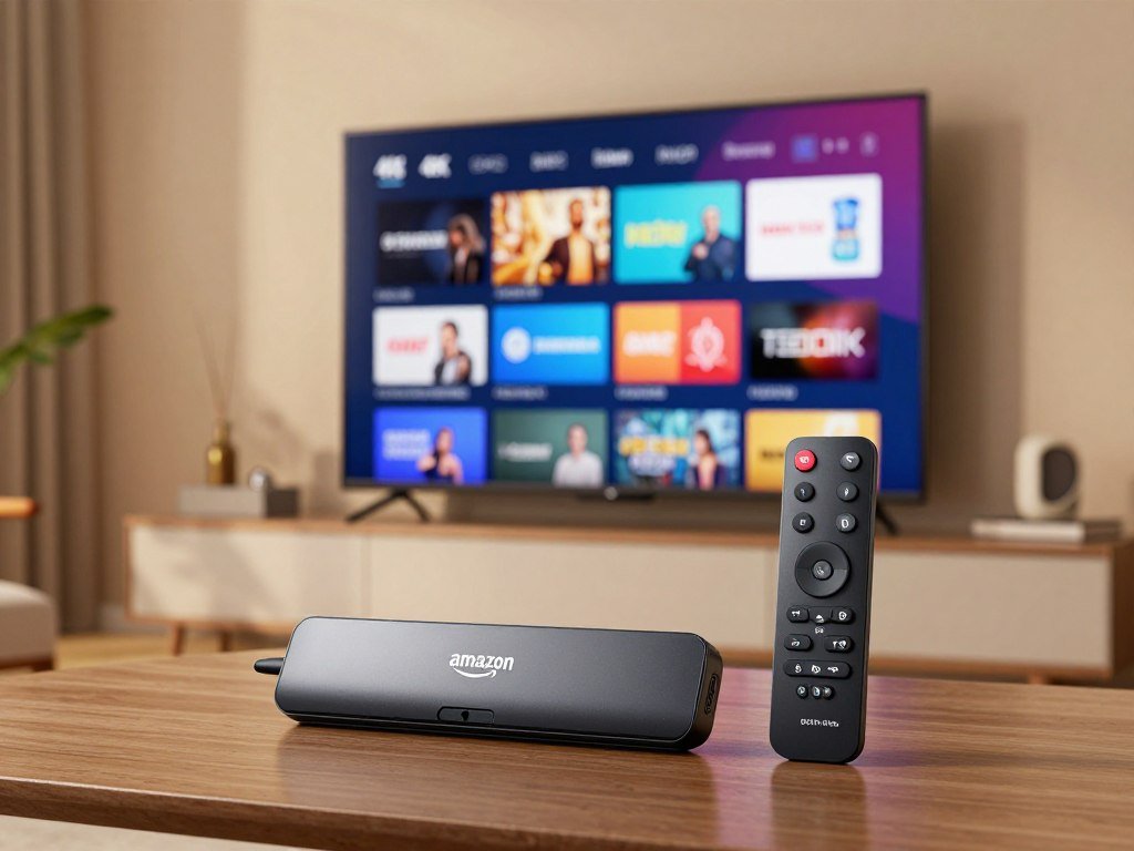 Amazon Fire TV stick and remote beside a 4K television Amazon Fire TV stick and remote beside a 4K television