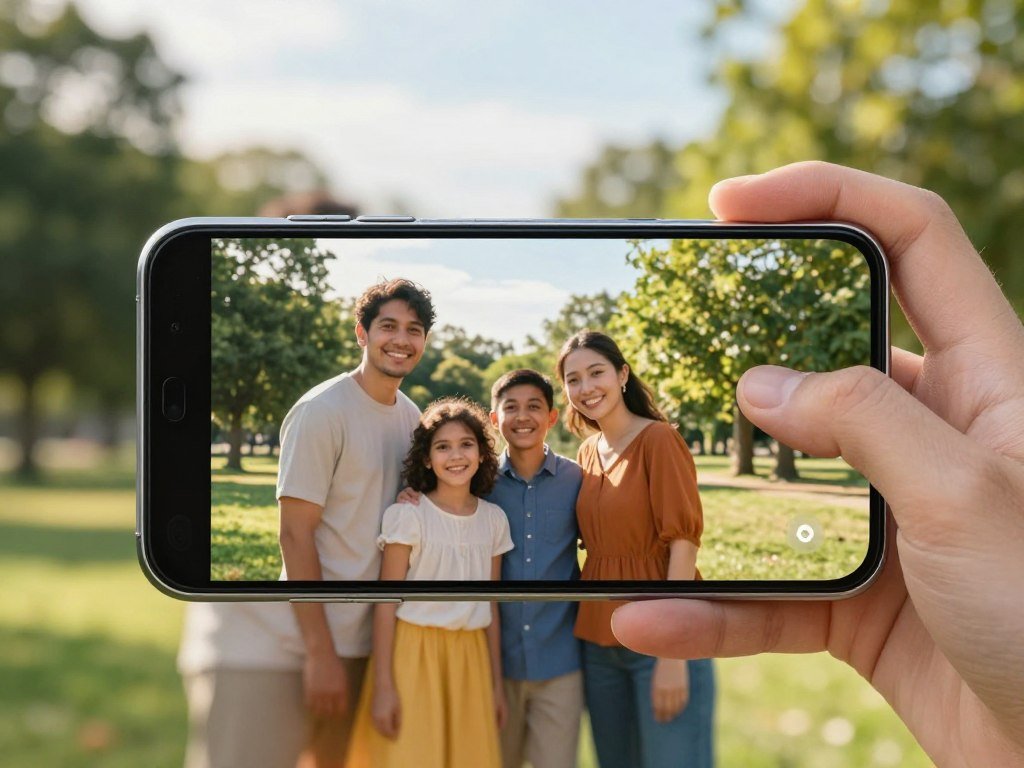 An Android phone capturing a family portrait outdoors