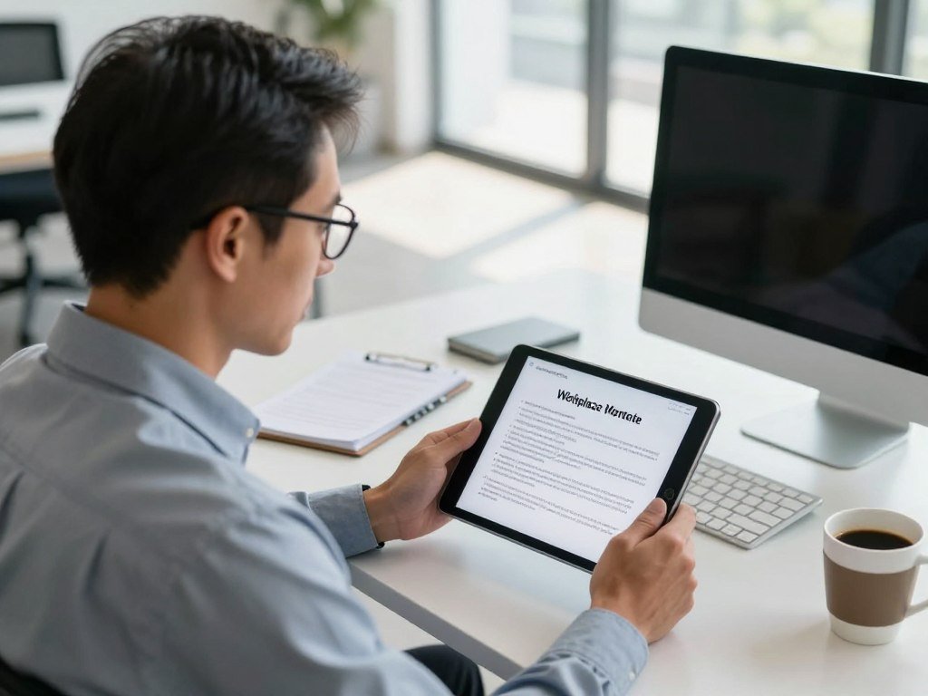 An employee reviews a workplace monitoring notice on a device An employee reviews a workplace monitoring notice on a device