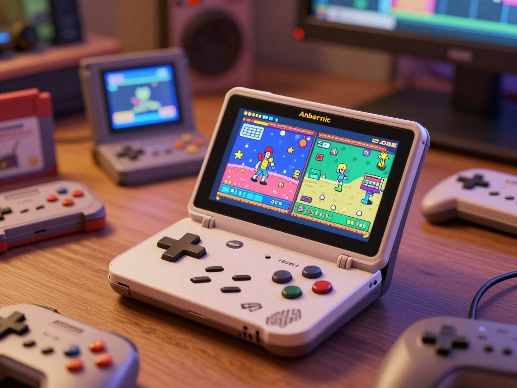 Anbernic DDS clamshell beside classic dual-screen game layout Anbernic DDS clamshell beside classic dual-screen game layout
