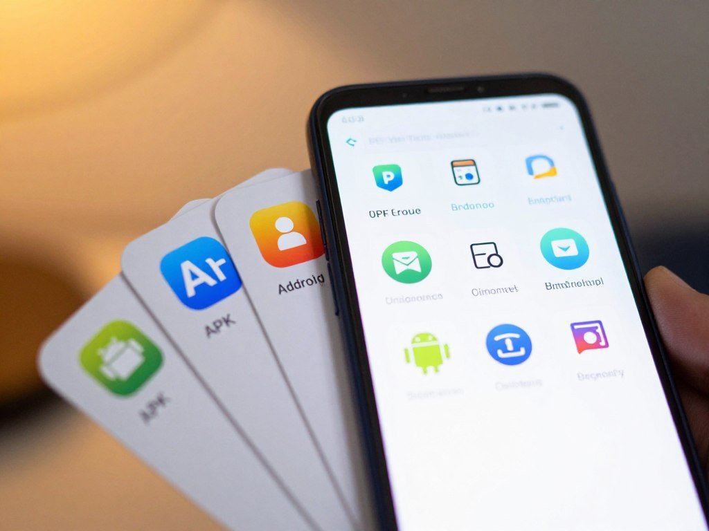 Android app package files grouped beside a phone screen