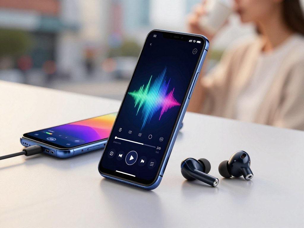Android phone playing music through earbuds with sound controls
