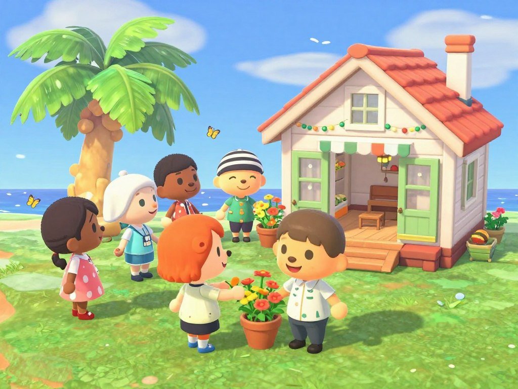 Animal Crossing villagers visiting a decorated island home Animal Crossing villagers visiting a decorated island home