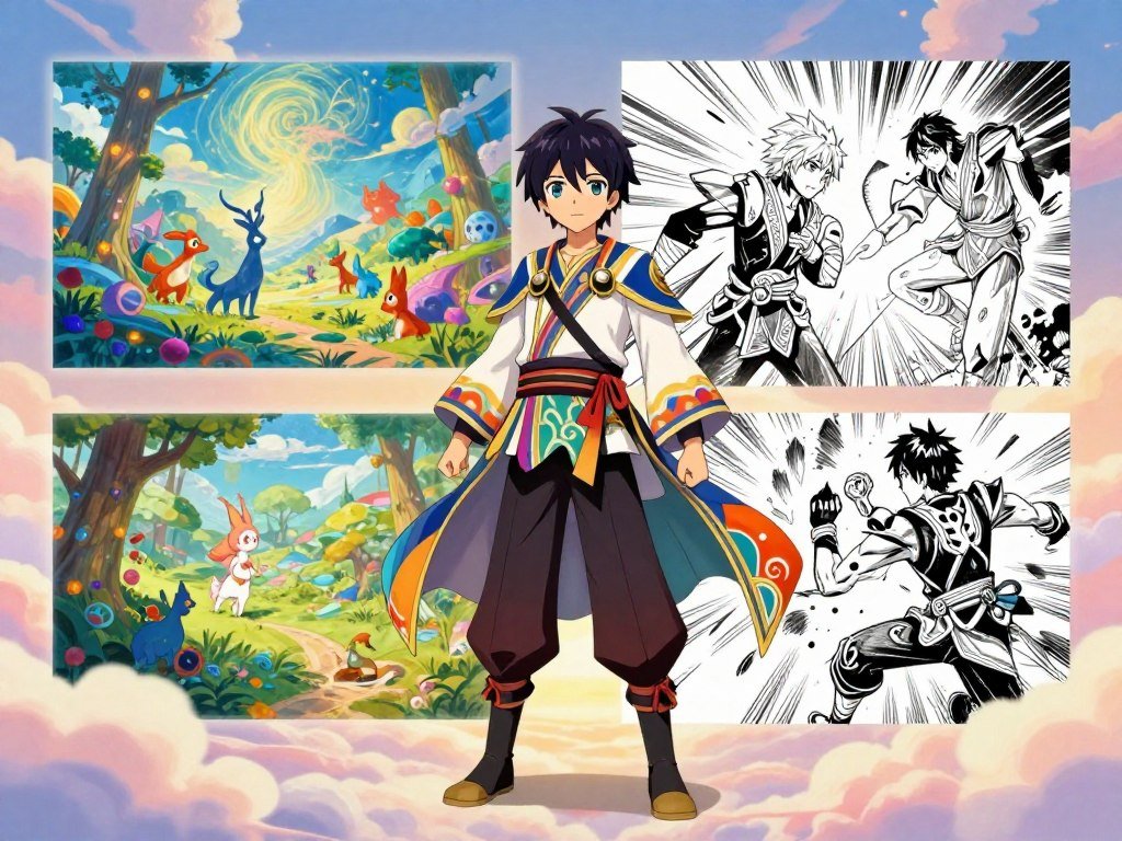 Anime OC design beside painterly fantasy and ink style examples