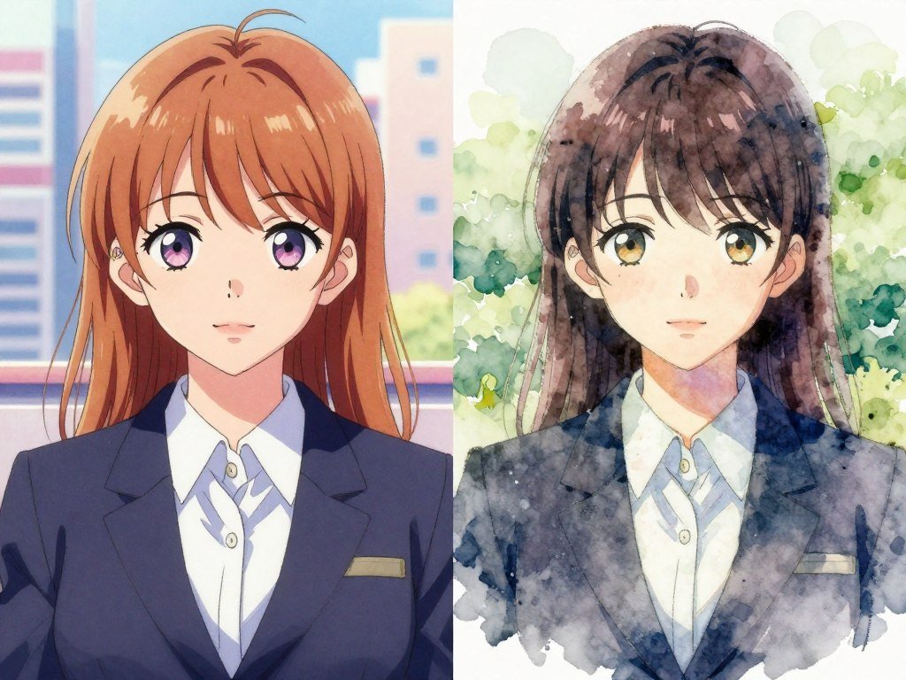 Anime and watercolor portrait styles displayed beside a profile avatar