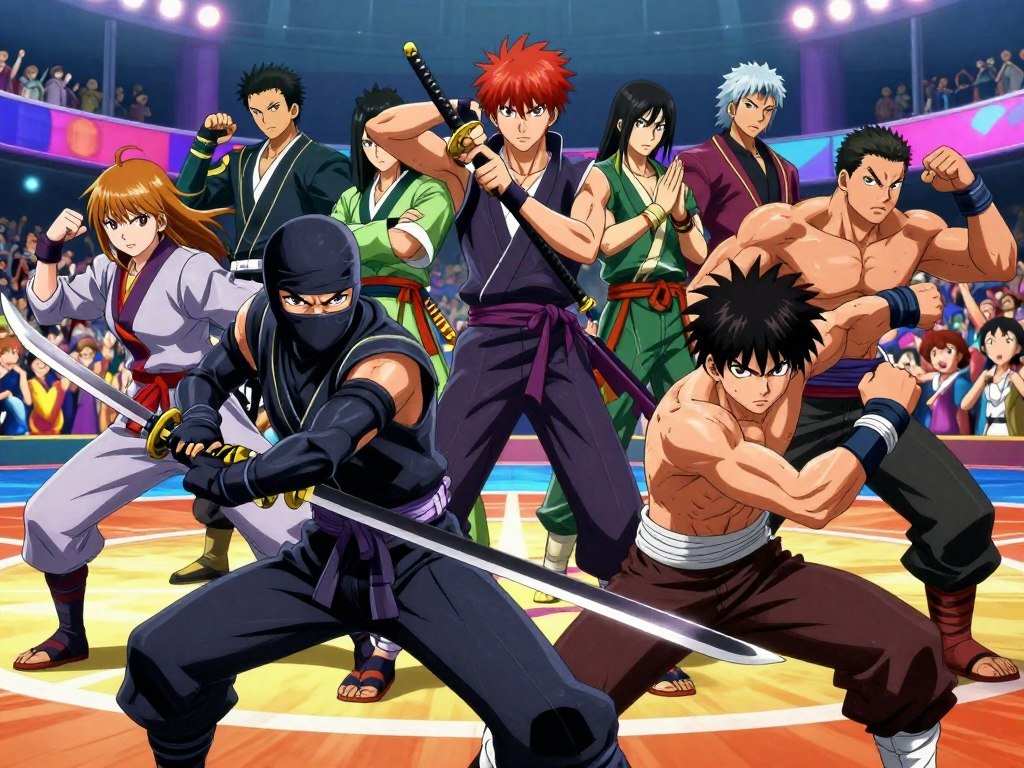Anime fighters form teams before a fast tag battle Anime fighters form teams before a fast tag battle