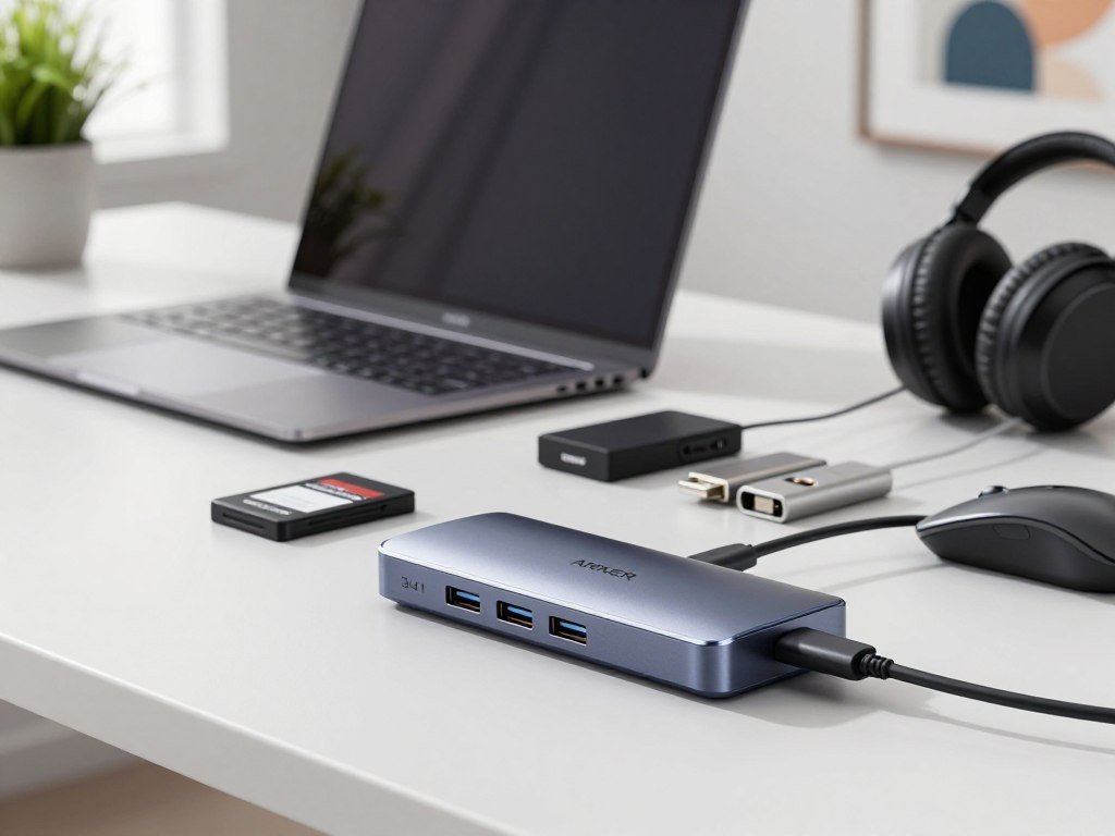 Anker 341 hub connecting a camera card and everyday laptop accessories Anker 341 hub connecting a camera card and everyday laptop accessories