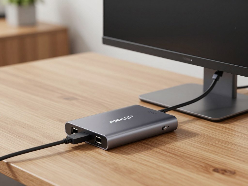 Anker 555 USB-C hub beside monitor and Ethernet cable Anker 555 USB-C hub beside monitor and Ethernet cable