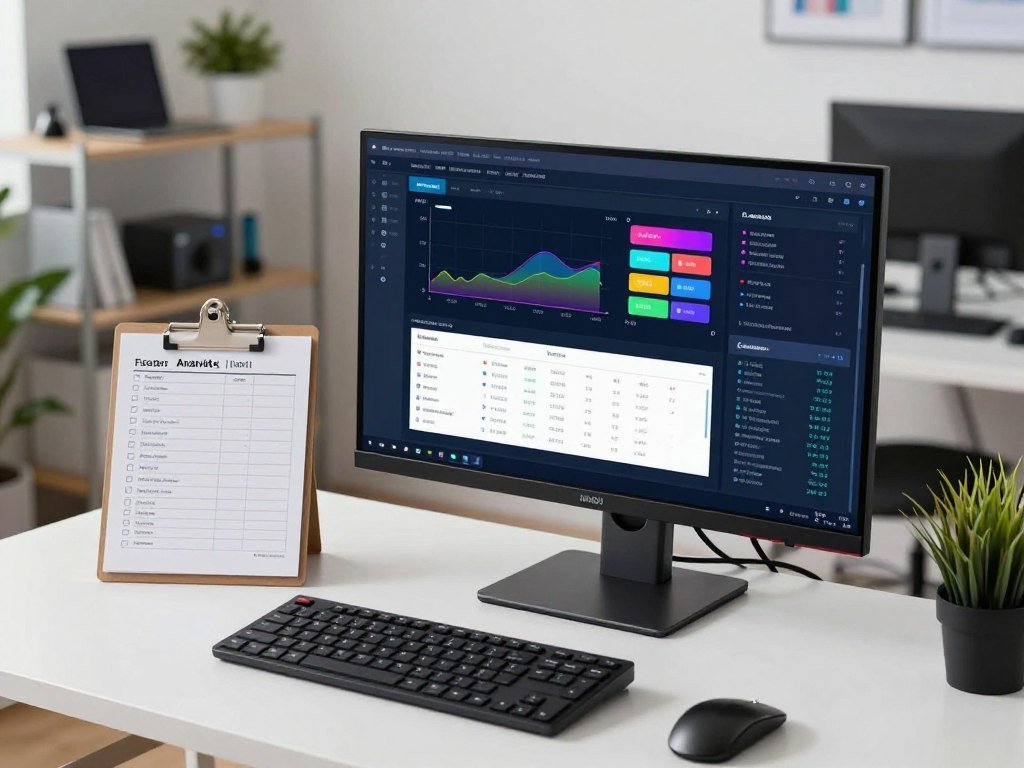 Antivirus test results on a monitor beside a testing checklist Antivirus test results on a monitor beside a testing checklist