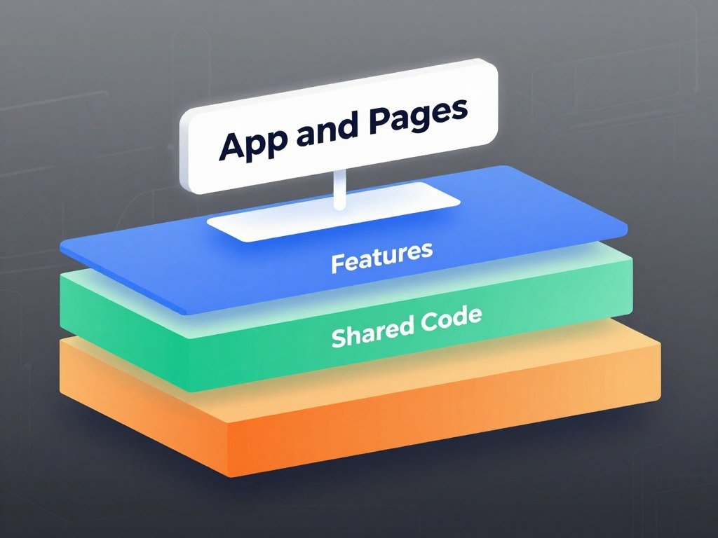 App and Pages layers shown above Features and Shared code App and Pages layers shown above Features and Shared code