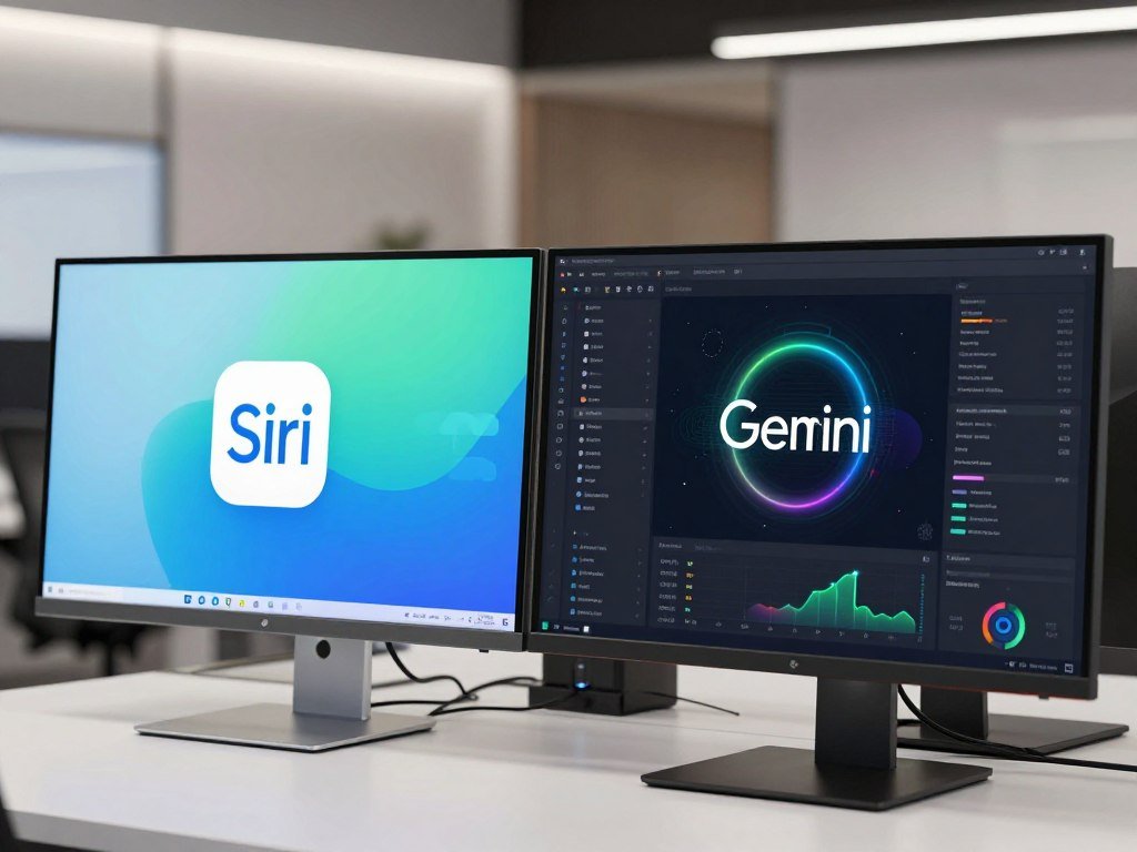 Apple assistant and Google Gemini technology shown on separate screens Apple assistant and Google Gemini technology shown on separate screens