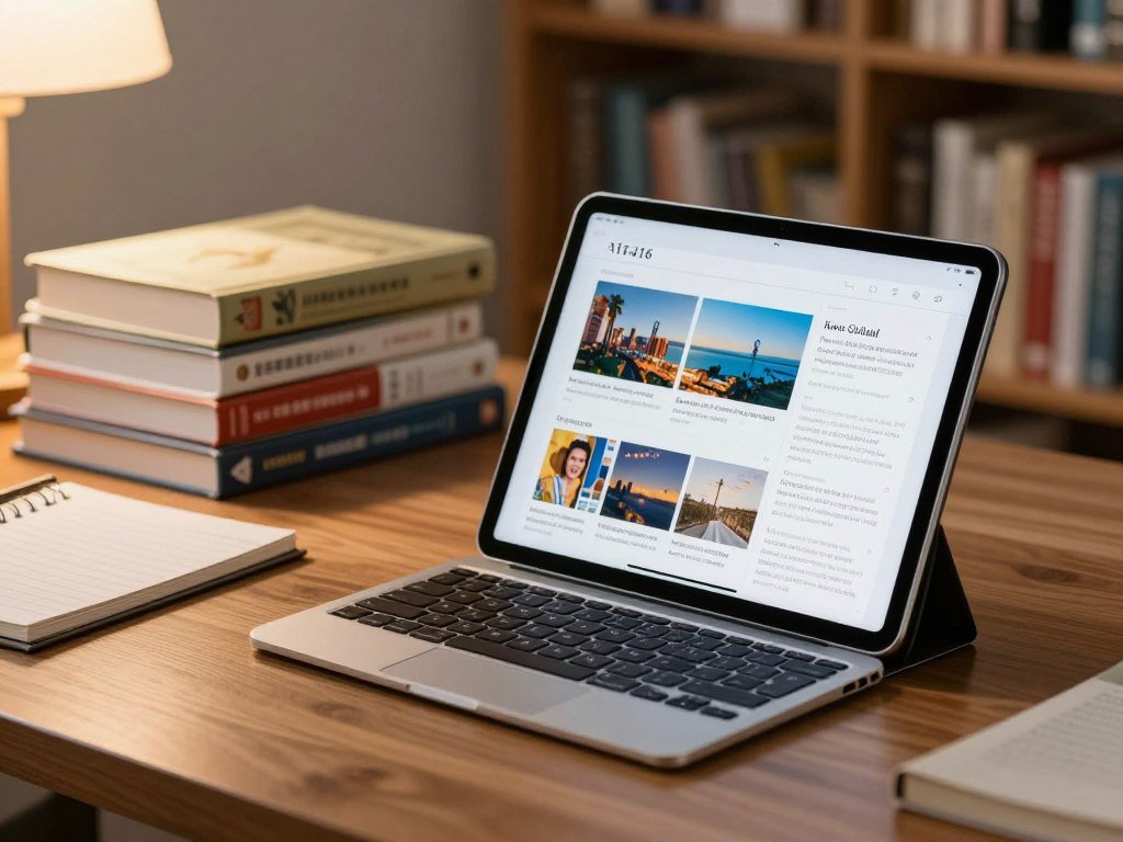 Apple iPad A16 beside a keyboard and course reading