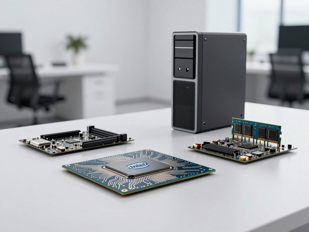 Apple silicon chip beside separate Intel Mac components