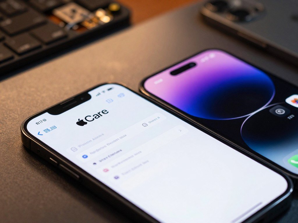 AppleCare support screen beside an iPhone Duo inner display AppleCare support screen beside an iPhone Duo inner display