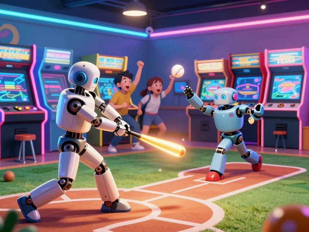Arcade baseball games with robots and exaggerated action Arcade baseball games with robots and exaggerated action