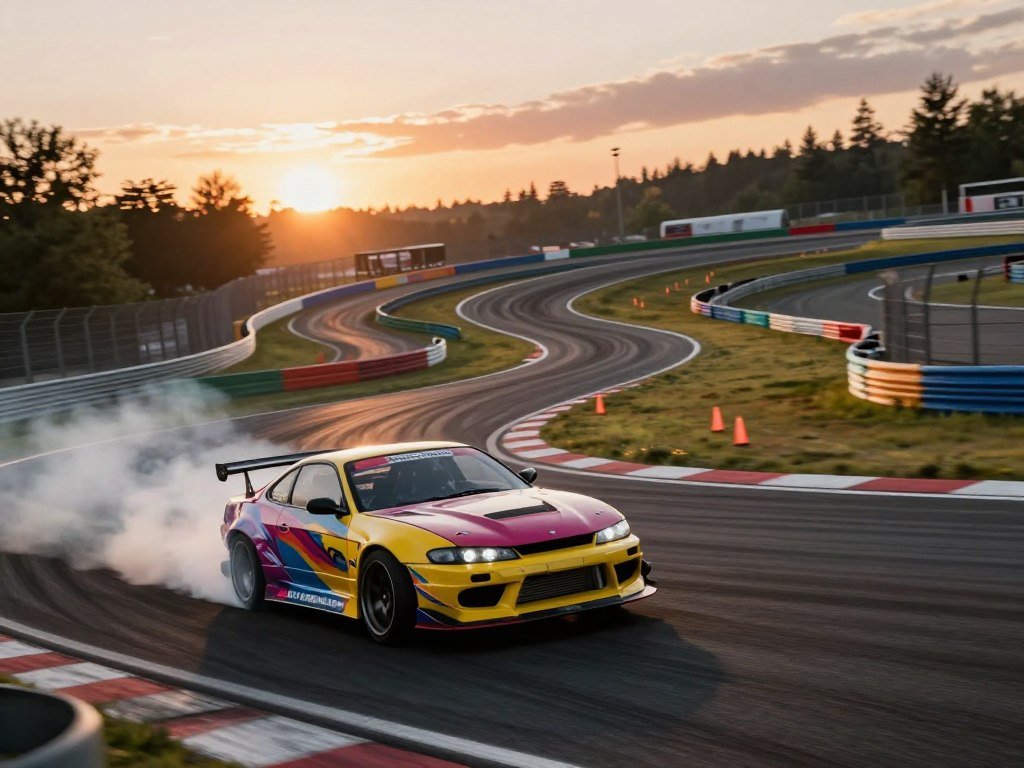 Assetto Corsa drift car turning through a modded track