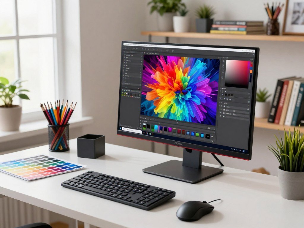 Asus ProArt display showing color editing tools on a creative desk