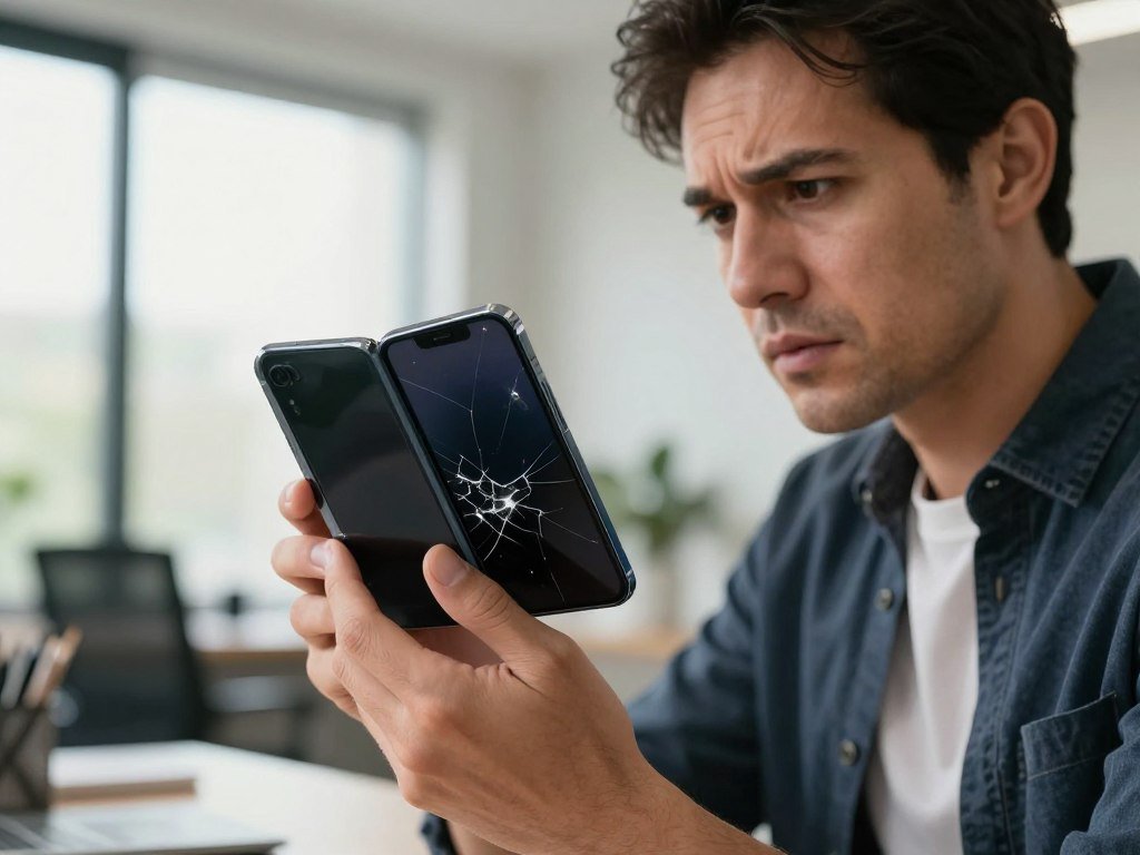 Australian owner inspecting a crack along an iPhone Duo fold Australian owner inspecting a crack along an iPhone Duo fold