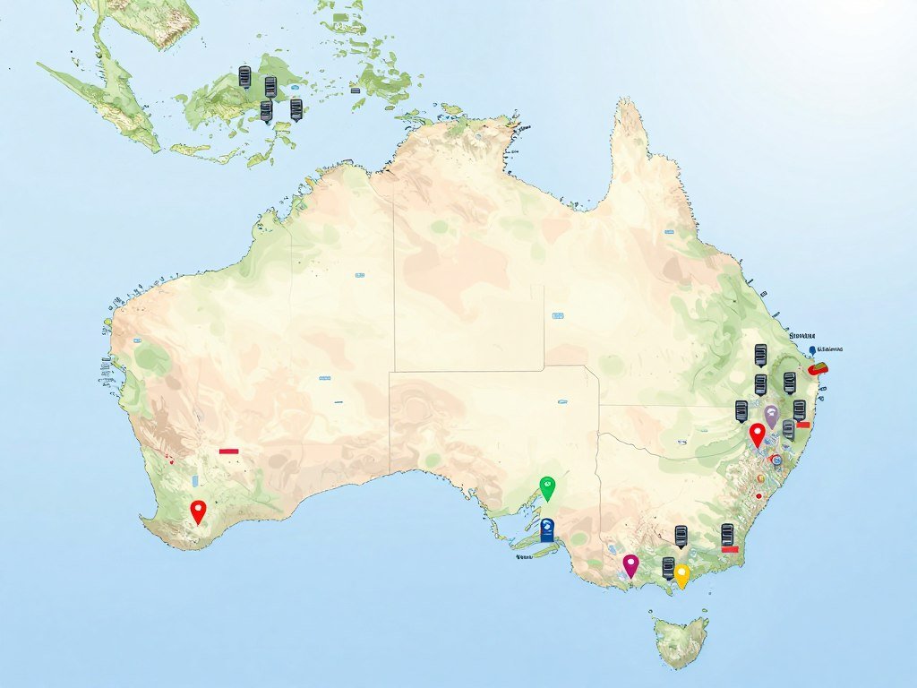 Australian server locations marked across a map of Australia Australian server locations marked across a map of Australia