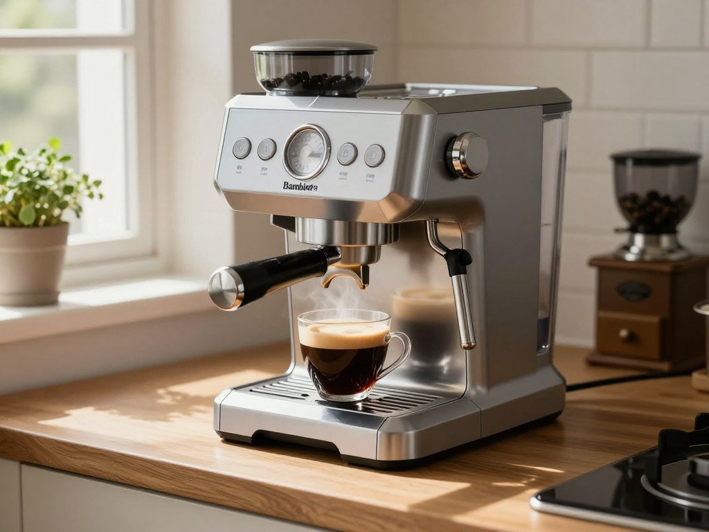 Bambino Plus ready beside a cup for quick home espresso Bambino Plus ready beside a cup for quick home espresso