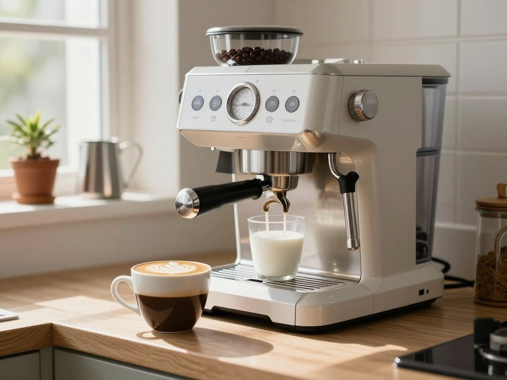 Bambino Plus steaming milk beside a beginner espresso cup Bambino Plus steaming milk beside a beginner espresso cup
