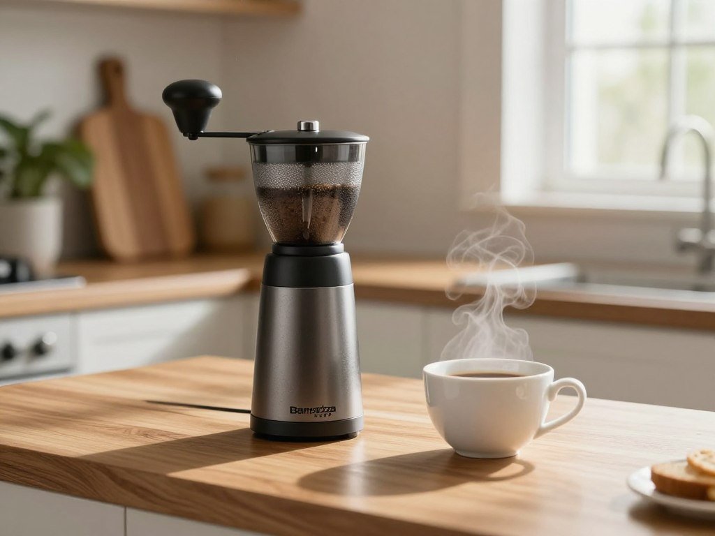 Baratza Encore ESP grinder beside a home coffee cup Baratza Encore ESP grinder beside a home coffee cup